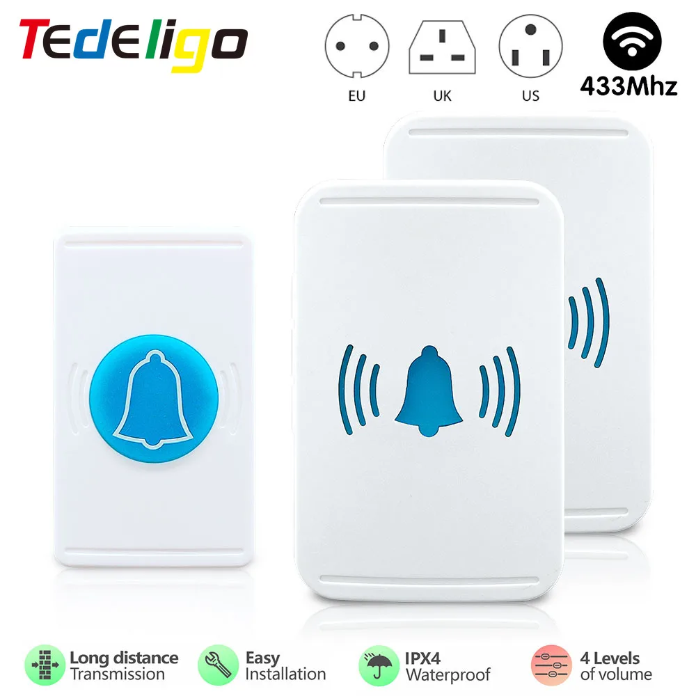 Smart Home Wireless Doorbell Set Outdoor Waterproof Transmitter and 220v UK US EU Plug Receiver 150m Range 38 Music 4 Volume