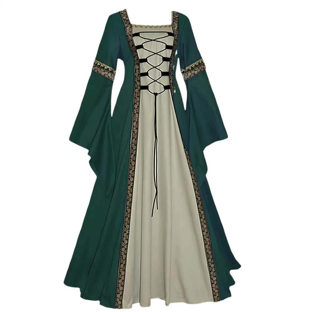 thumbnail image 1 of Disfraz medieval renacentista para mujer, vestido irlandés con cordones, largo, para cosplay, retro, para Halloween, carnaval, traje de demonio, 1 of 5