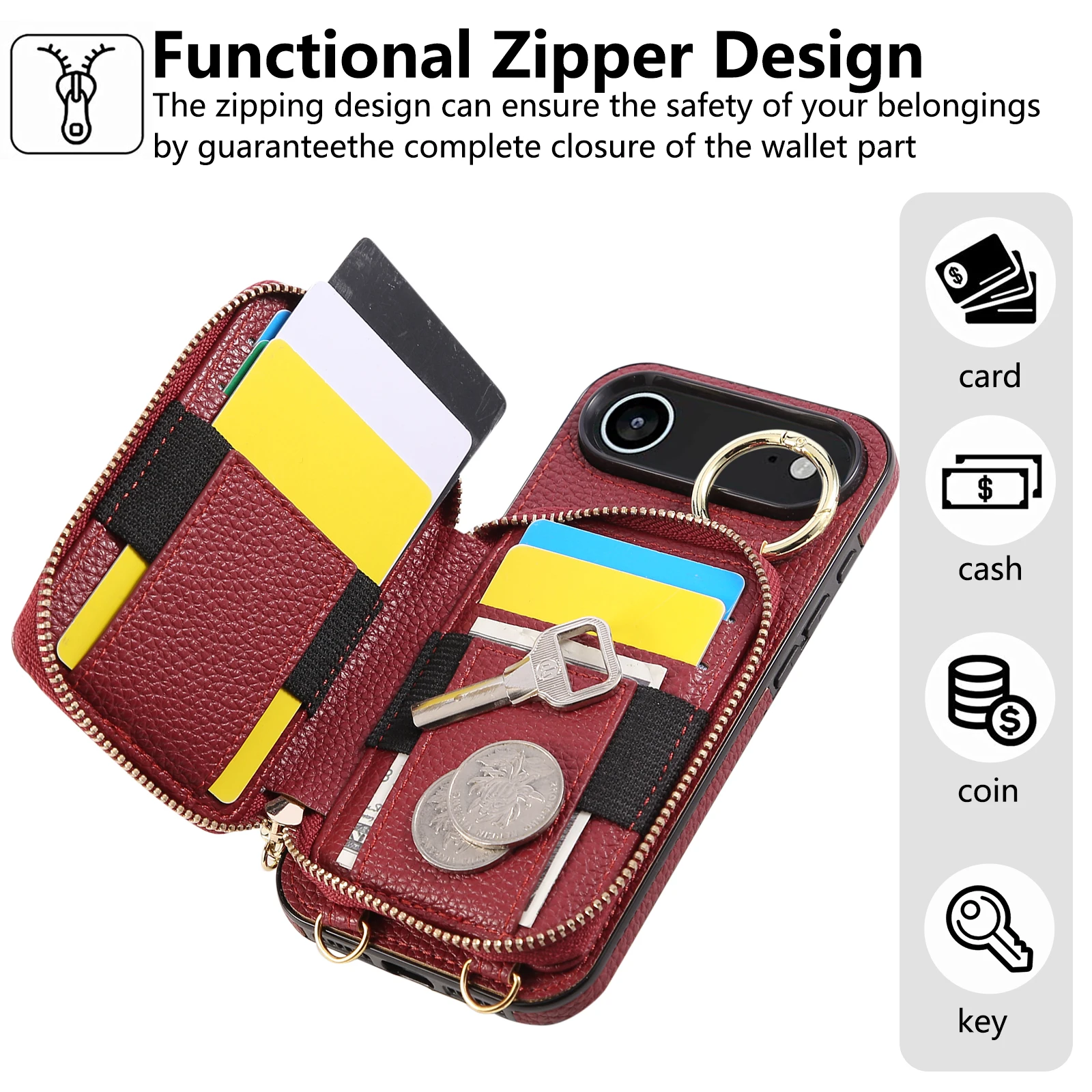 Leather Crossbody Zipper Card Wallet with Lanyard and Ring Holder