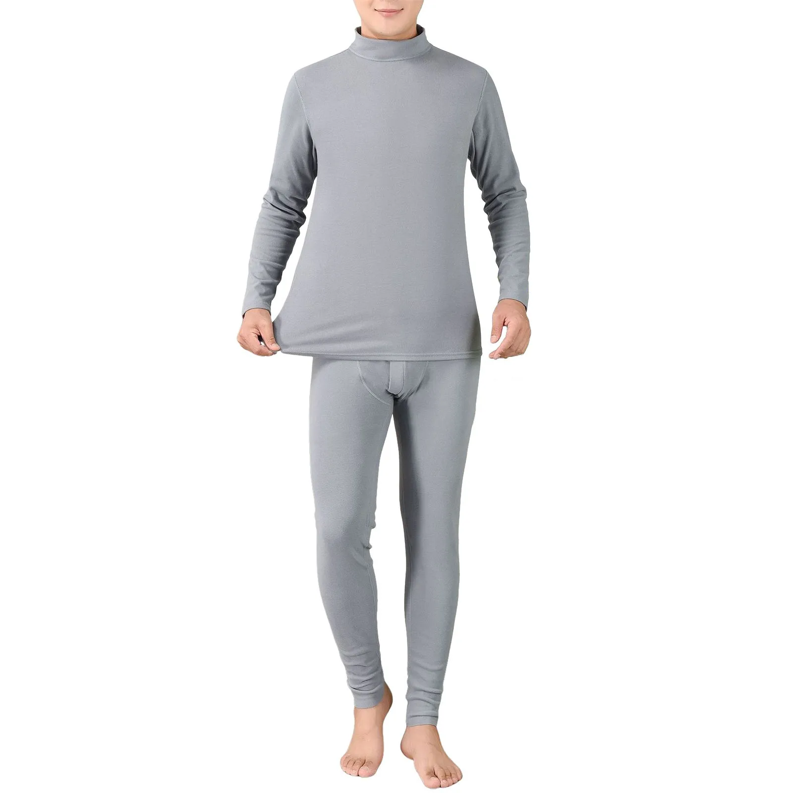 Mens Solid Color Elastic Underwear Set Autumn Winter Thick Soft Thermal Pajamas Crewneck Long Sleeve Pullover Fit Slim Pant Male