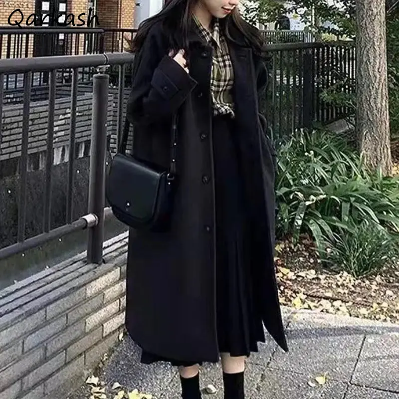 

Куртка женская мешковатая длинная, Элегантная Модная однотонная универсальная Зимняя Минималистичная Повседневная мешковатая Куртка в Корейском стиле, черного цвета, в стиле преппи, X-Long
