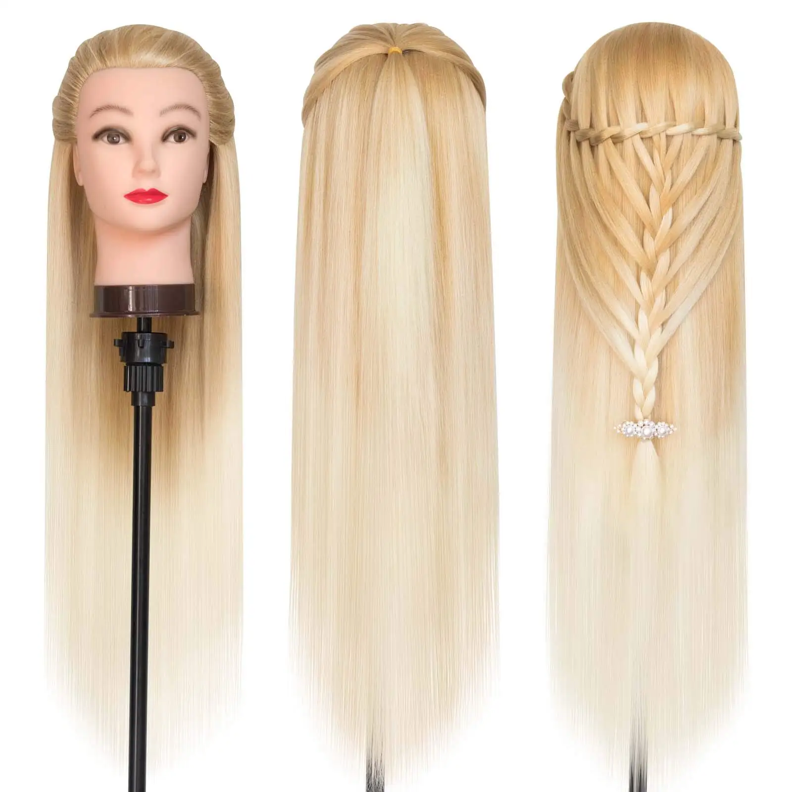 28" Mannequin Head Hair Styling Training Braiding Manikin Cosmetology Synthetic Hair For Hairdresser Free Clamp Hold