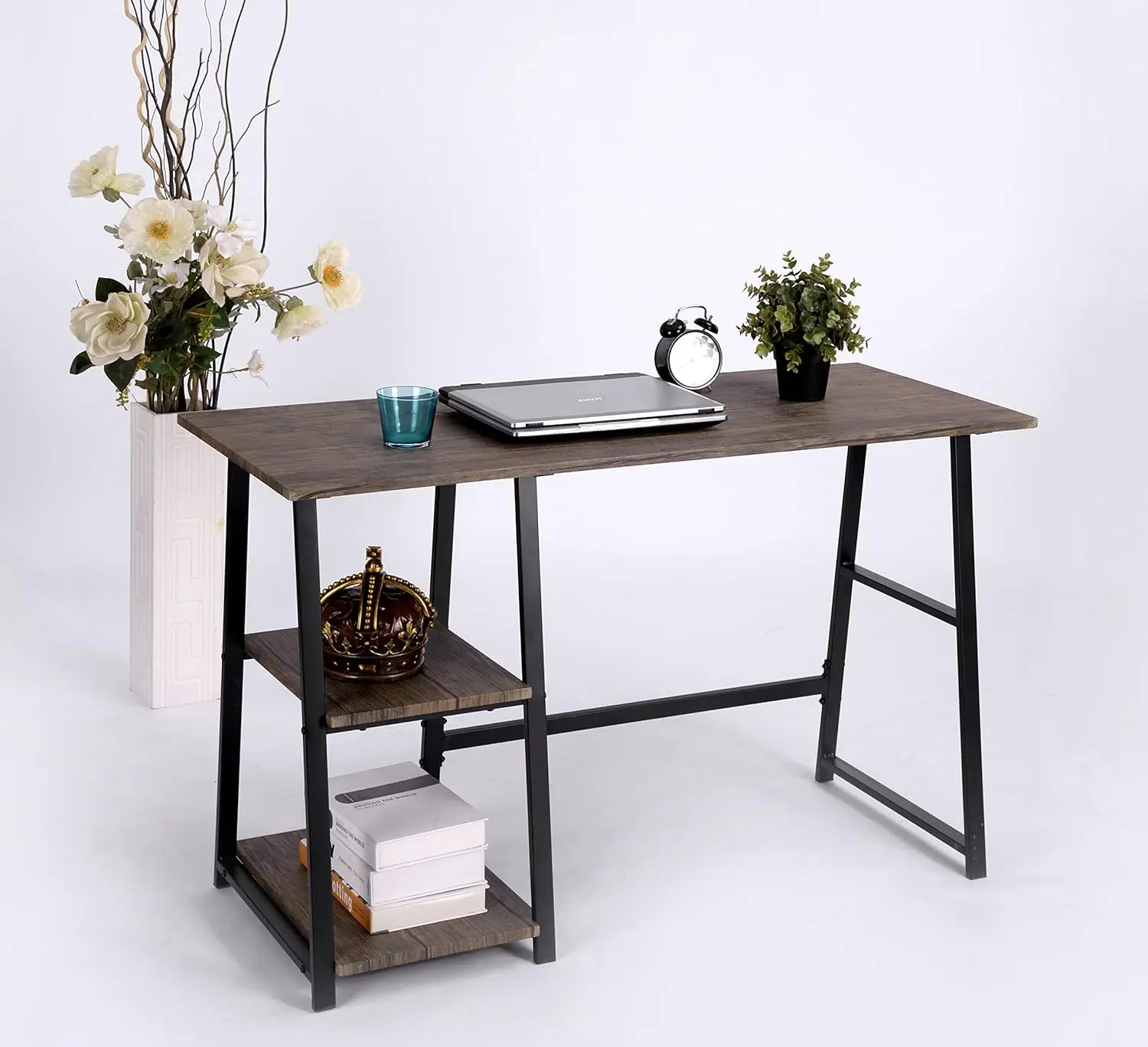 

Brown Finish Computer Writing Study Trestle Desk Modern Vintage Home Office L shape office desk with drawers White l shape offic