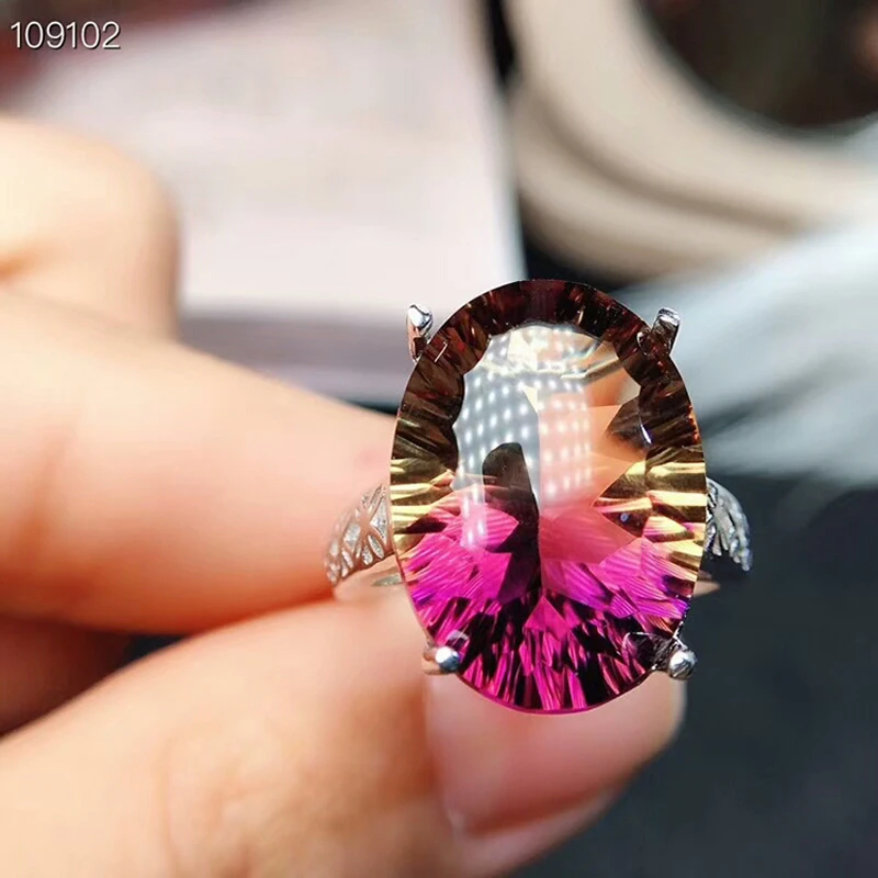 

MeiBaPJ Dream Cut Natural Ametrine Gemstone Fashion Ring for Women Real 925 Sterling Silver Fine Charm Party Jewelry