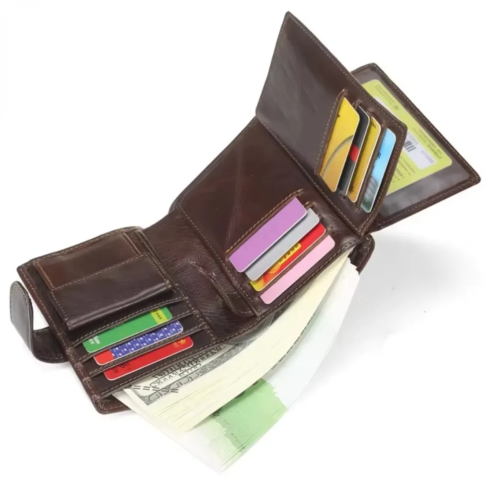 High Quality Genuine Leather Card Wallet Men Women RFID Genuine Leather Short Wallet Multi Cards Slots Button Man Purse