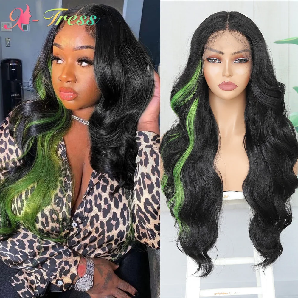 

X-TRESS Highlight Green Stripe Lace Front Wigs for Black Women Synthetic Body Wave Middle Part Lace Wig Pre Plucked Baby Hair