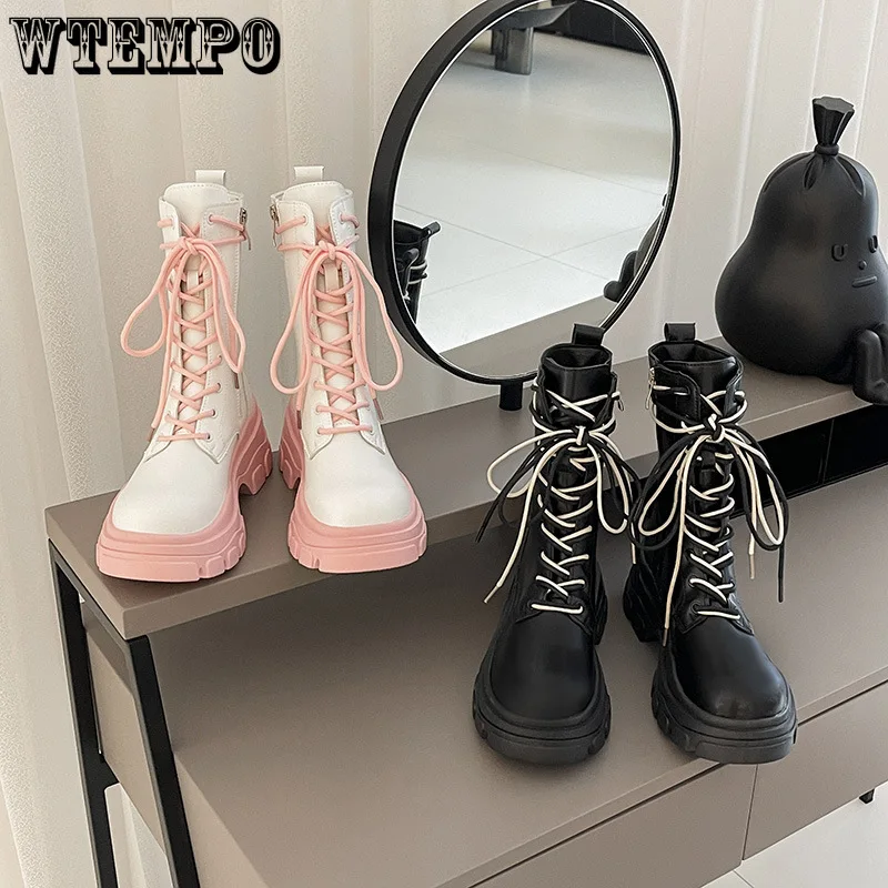 

Pink Martin Boots Women's English Style Thick Sole Ankle Single Boot Streetwear Motorcycle Short Platform Boot Autumn Wholesale