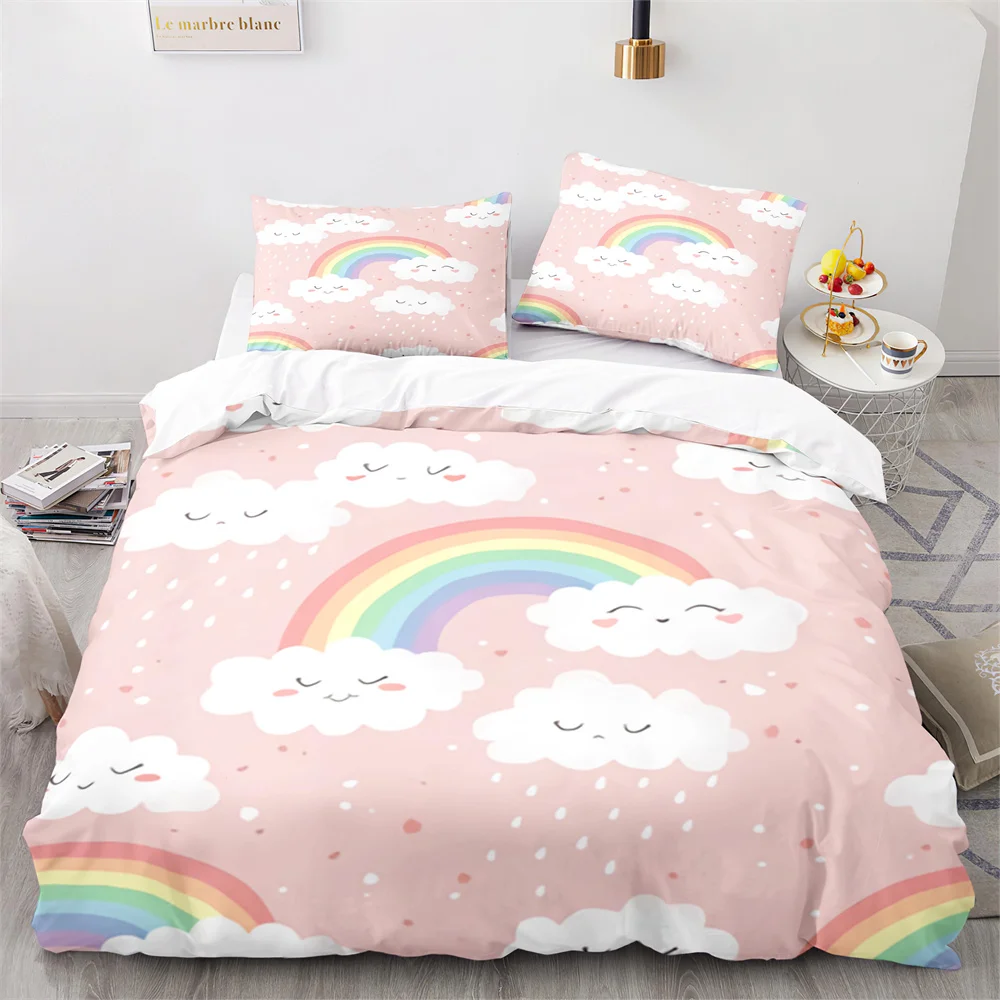 

Rainbow Duvet Cover Set Colourful Rainbow White Cloud Pattern Cute Kawaii Polyester Comforter Cover King Queen Size for Girls