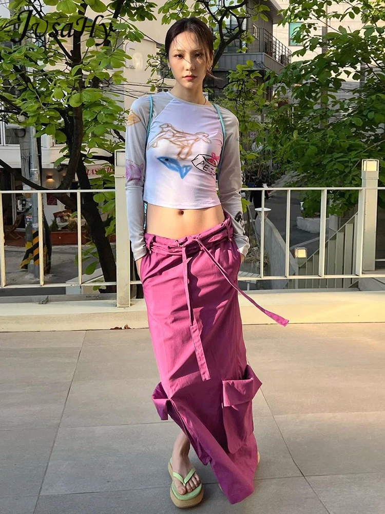 

JusaHy Women's Dress 2023 New Y2K Drawstring Street Casual Side Split Pocket Decoration Solid Preppy Style Chic Pencil Skirt