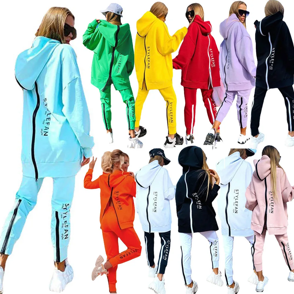 Women Fashion Letter Printed Hoodies Suits Two Pieces Sets Zipper Sweaters Long Pant Casual Sportswear Jogging Suit