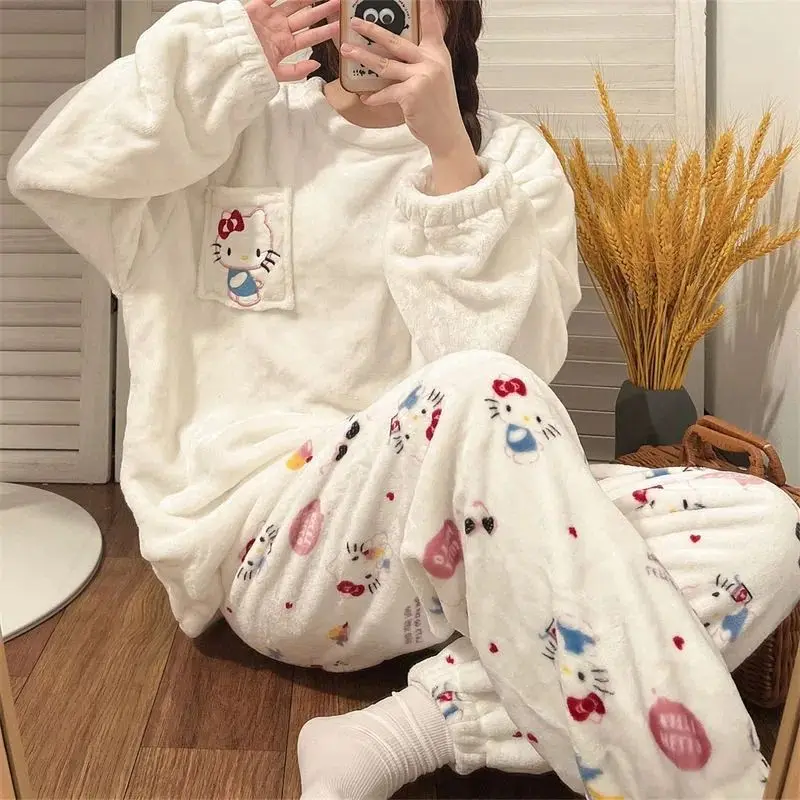 

Sanrio Hello Kitty Pajamas Women's Coral Plush Autumn and Winter Plush Thickened Cartoon Cute Girl Home Fur Set Christmas Gift