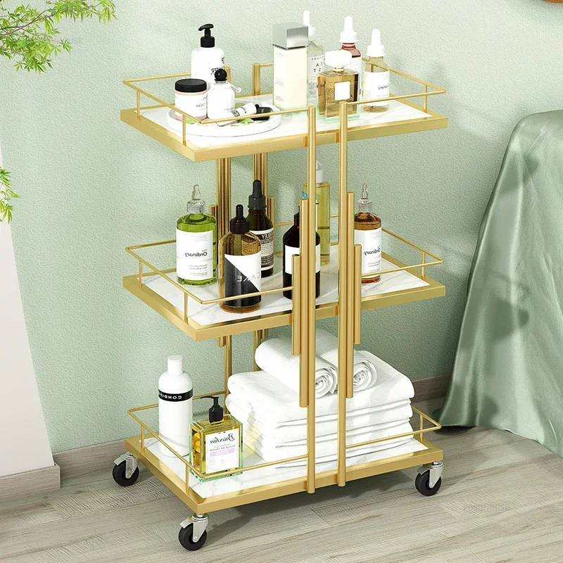 Nordic Professional Golden Iron Salon Trolleys Beauty Salon Tool Trolley European Auxiliary Cart with Wheels for Furniture