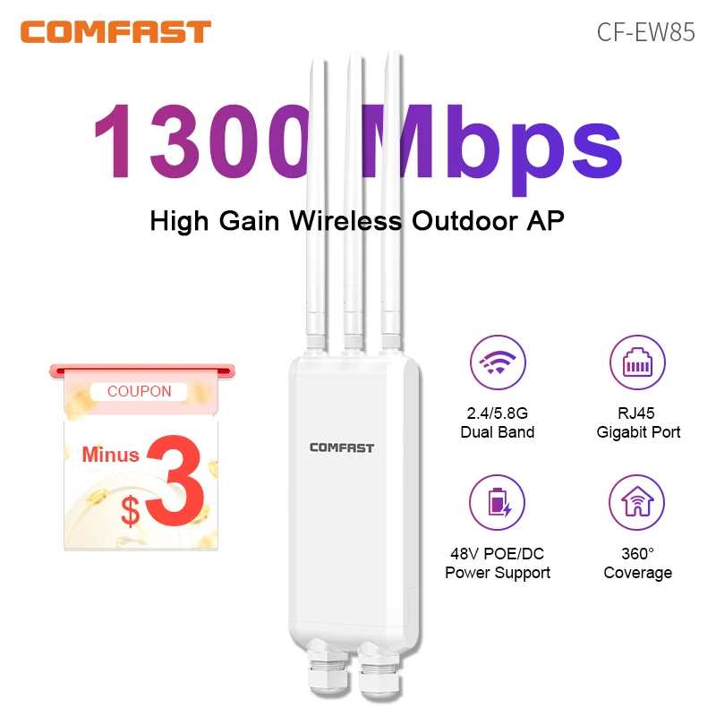 thumbnail image 1 of Punto de acceso exterior Comfast de 1300 Mbps, repetidor de largo alcance Gigabit de 2,4 G y 5,8 GHz, antena WiFi de alta potencia de 3 x 5 dBi, enrutador de calle, 1 of 4