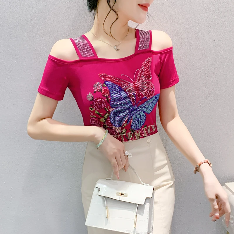 

2024 New Summer European Clothes T-Shirt Fashion Sexy Off Collar Patchwork Shiny Diamonds Butterfly Women Tops Slim Tees 45101