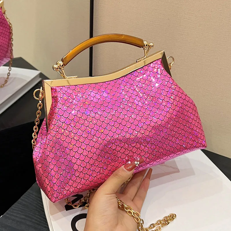 여성용 페이턴트 가죽 핸드백, 마법 같은 느낌 숄더백, 디자이너 글리터 골드 실버 체인 C 크로스바디 백, 이빙 클러치 