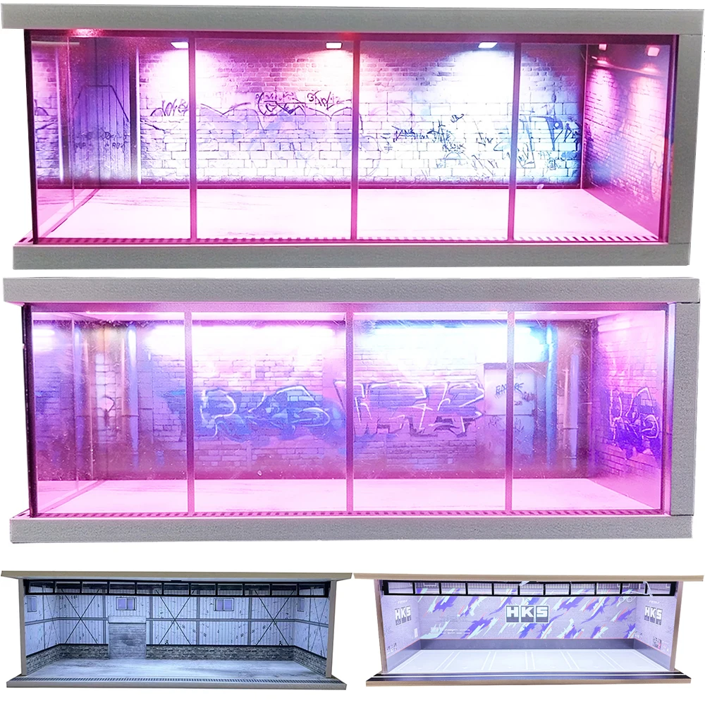 1/64 디오라마 자동차 주차장 모형 LED 조명 빈티지 붉은 벽돌 자동차 차고 전시 장면 미니어처 모형 장난감 박스