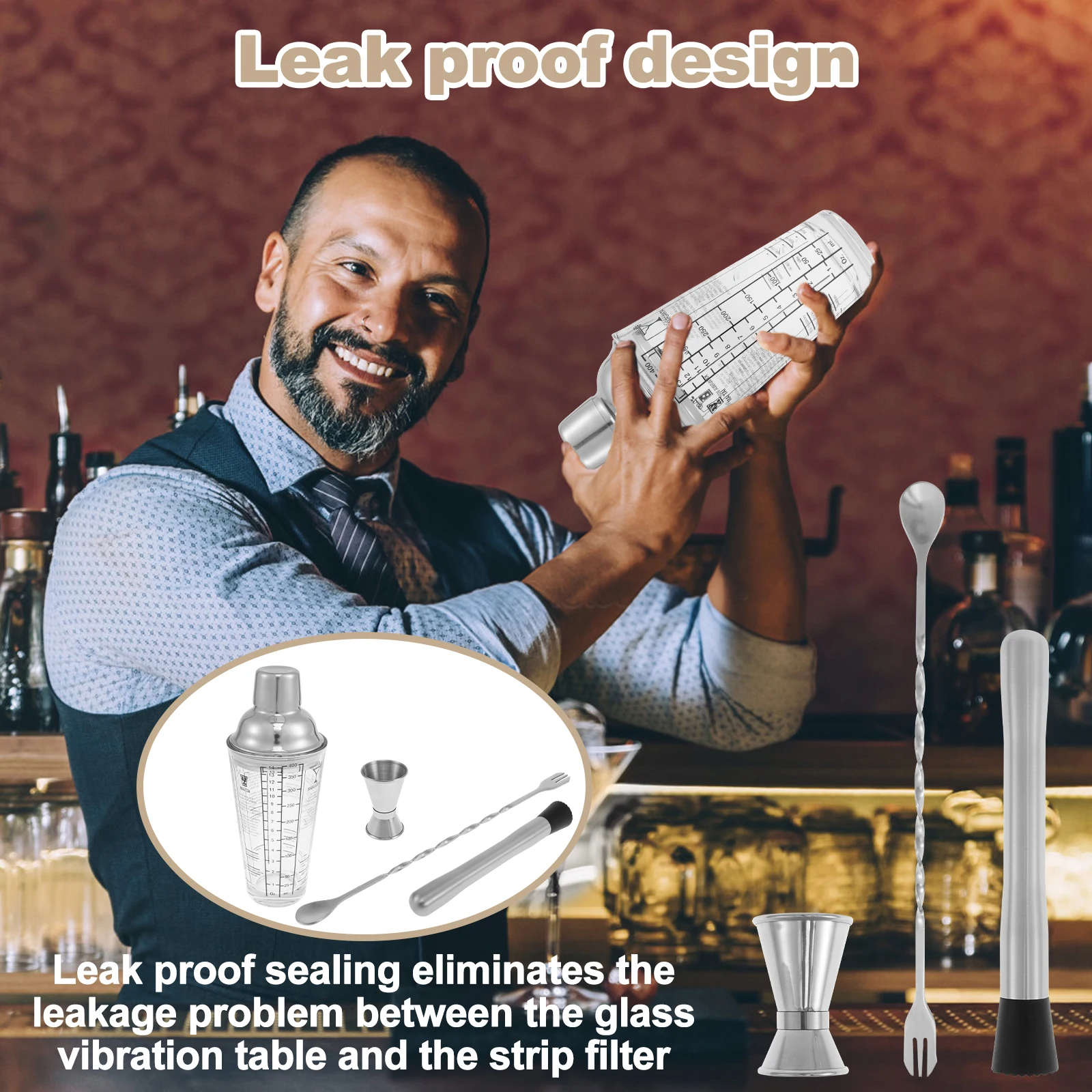 4Pcs 400ml Glass Cocktail Shaker Kit with Clear Scale Leakproof Cocktail Mixer Set Rustproof Bartender Kit with Measuring Cup