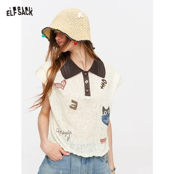ELFSACK Canotta polo in maglia con stampa cartoon, camicia in maglia senza maniche con colletto e orlo con coulisse, graziosa maglietta casual estiva