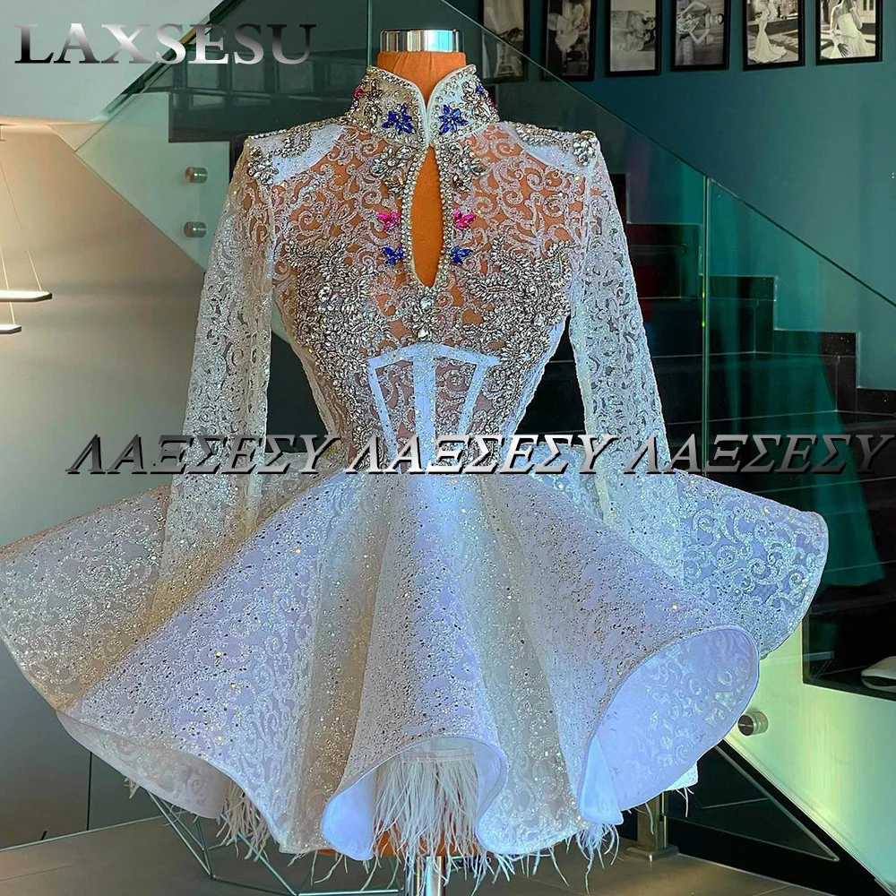 Laxsesu Mini Party Cocktail Gowns Long Sleeves Feathers Lace Sequins Crystals Sparkly Ball Gown Luxury Short Prom Dresses evening dresses,cocktail dress