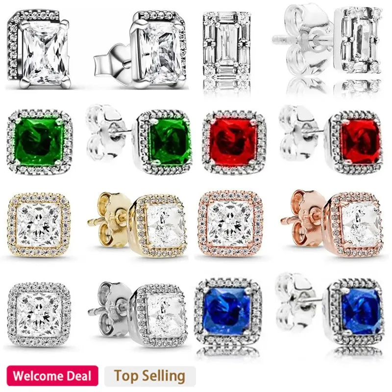 New Hot Selling 925 Sterling Silver Original Women's Square Shining Earrings Charming DIY Jewelry Gift Classic Retro Style