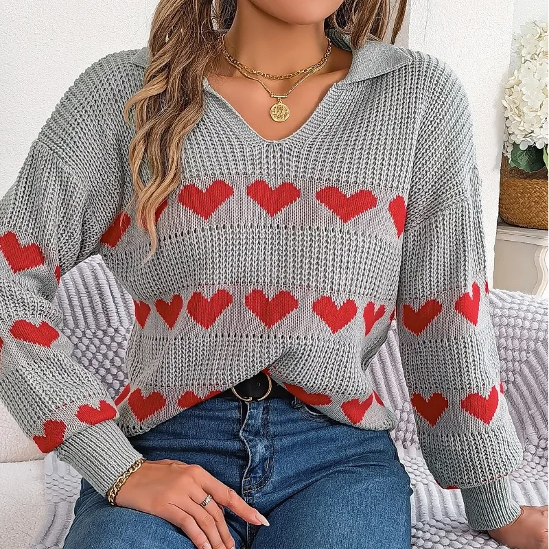 

2023 Autumn and Winter Casual Chicken Heart Neck Lantern Sleeve Contrast Love Pullover Sweater Fashion Casual Long Sleeve Tops