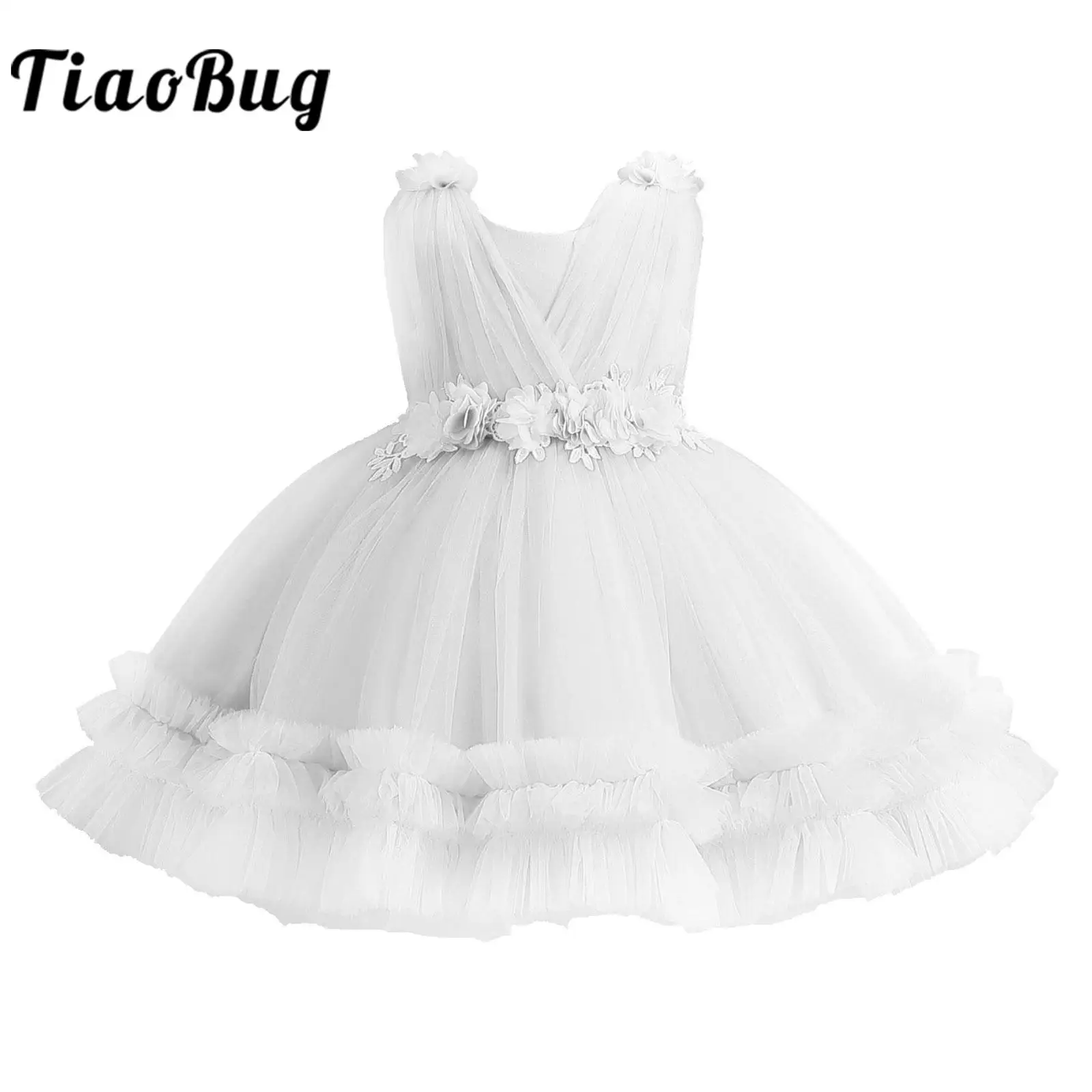 

3D Applique Flower Girl Party Dress Kids Sleeveless Christening Gown Baby Girls Baptism Dress for Celebration Birthday Wedding