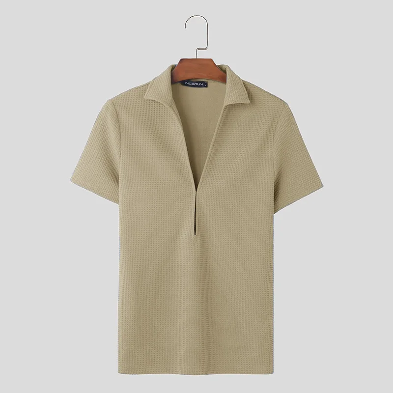 INCERUN Tops 2024 estilo coreano moda para hombre textura diseño en V profundo camisetas casuales ropa de calle de manga corta de punto camiseta S-5XL