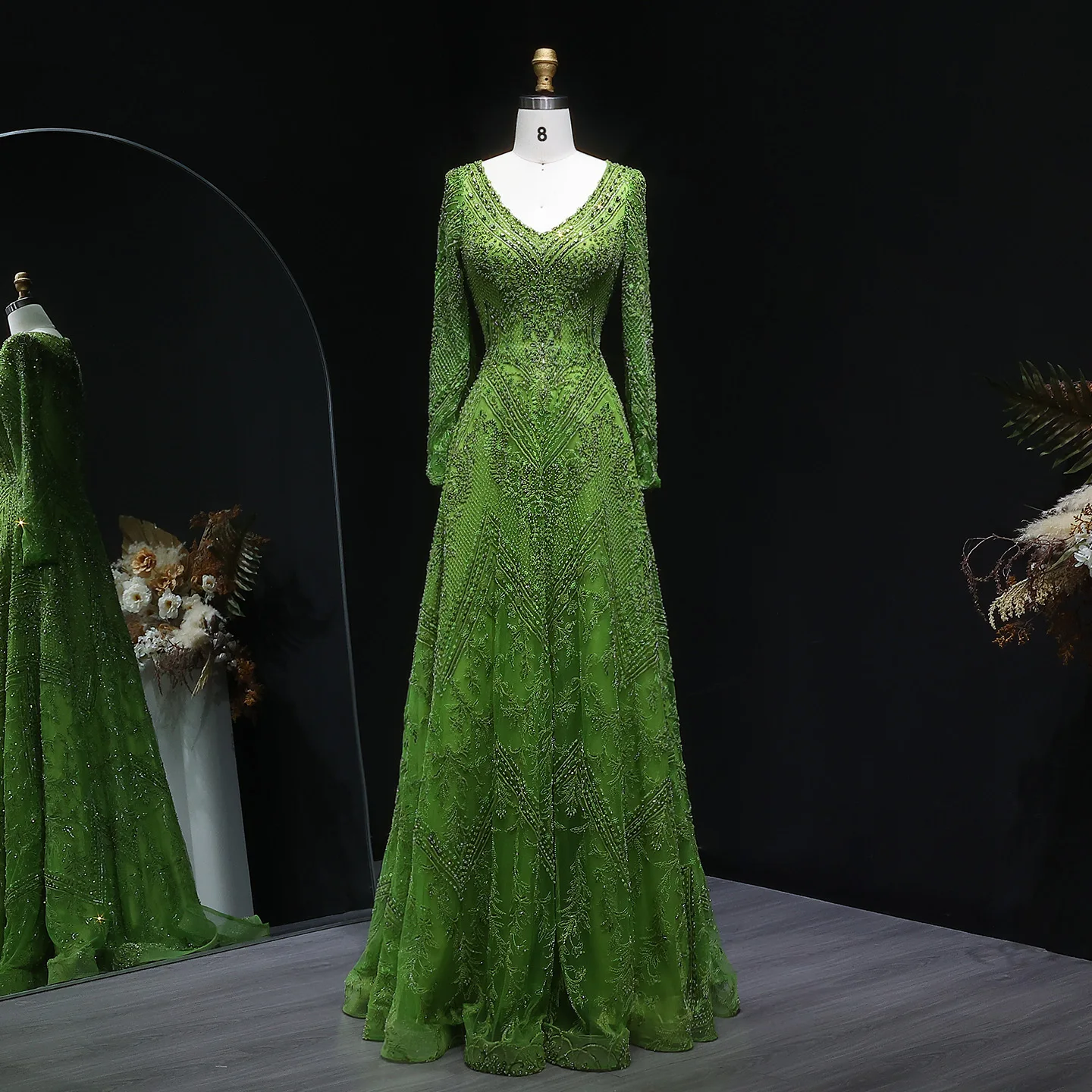 Sharon Said Lime Green Long Sleeve Evening Dress V Neck Luxury Beaded  Arabic Party Prom Dresses For Women SS110 Customized - AliExpress 320