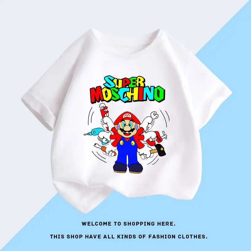 Super Mario Children's 3-14 years old 100% cotton T-shirt Summer cartoon parent-child brother casual fashion round neck T-shirt 3