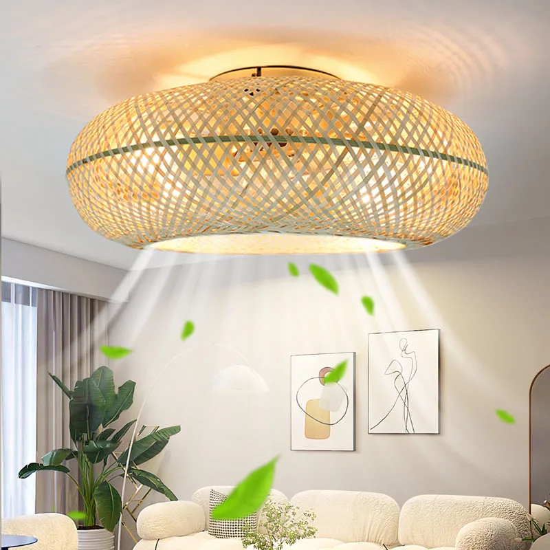 

NEW Bedroom Ceiling Fan with Light Creative Handmade Bamboo Rattan Invisible Blade Modern Ceiling Lamp Inverter Fan Ventilator