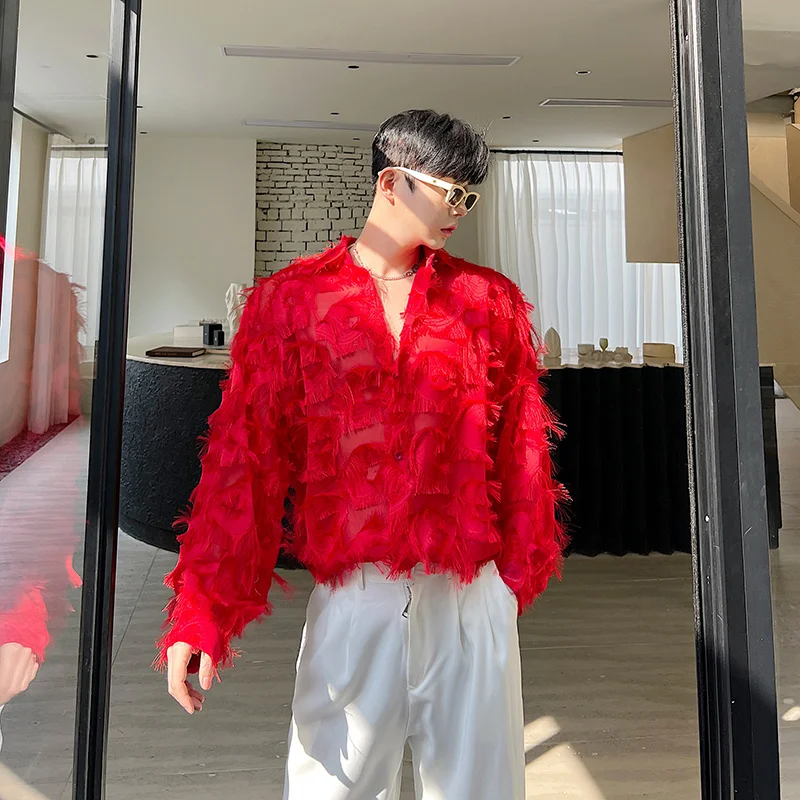 NOYMEI Deconstructive Design Cat Eyes Thick Beads Crafted Shirts Men\'s Red Party Personalized Top Korean Style Fashion WA2466