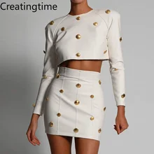 

Creatingtime 2022 Spring Summer Women's Leather Skirt Two-piece Set Fashion Sexy Round Neck Long Sleeve Top Mini Skirt GA095
