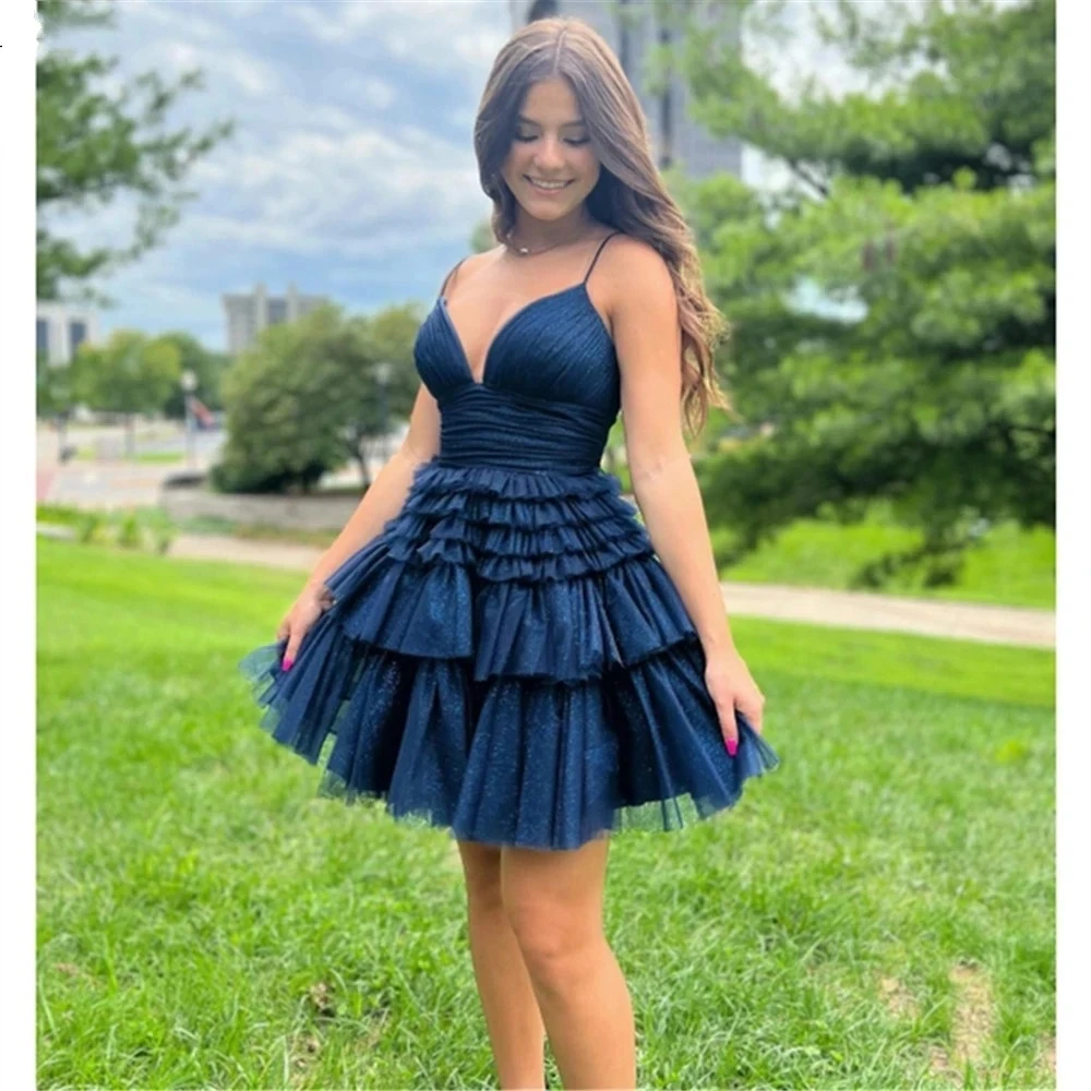 

ANGELSBRIDEP Spaghetti Straps Navy Blue Homecoming Dress Short Prom Dresses Glitter Tiered Tulle Ruched Cocktail Party Gowns