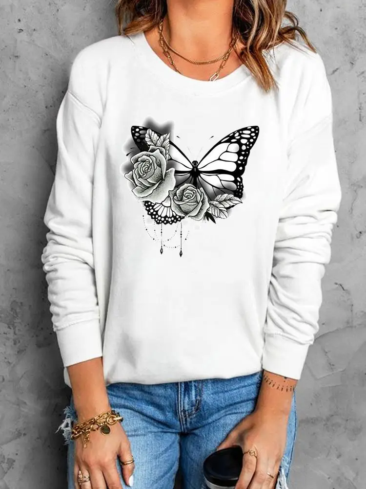 

Casual Sweet Cute Pullovers O-neck Autumn Flower Butterfly Fashion Clothing Women Fall Spring Fashion Female Graphic Sweatshirts