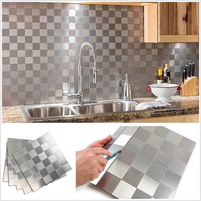 Art3d 1 PCS Peel and Stick Backsplash Tiles Self adhesive Stainless Steel  Kitchen Silver Brushed Metallic Mosaic 30x30cm - AliExpress