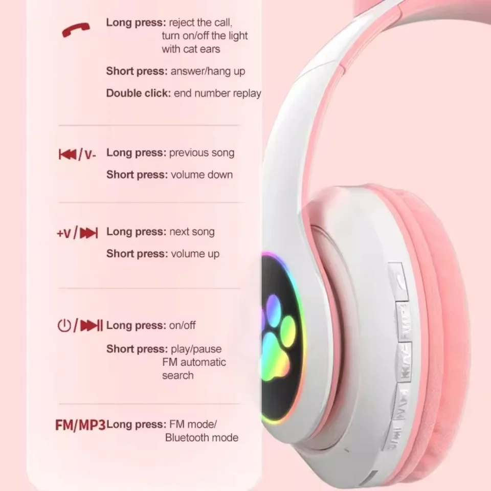 Flash Lamp Cue Ca Ears Headphone Blueooh5.0 Sereo Wih Mic Suppor TF Card Wireless Kids Girl Earphone Birhday_voghion.com