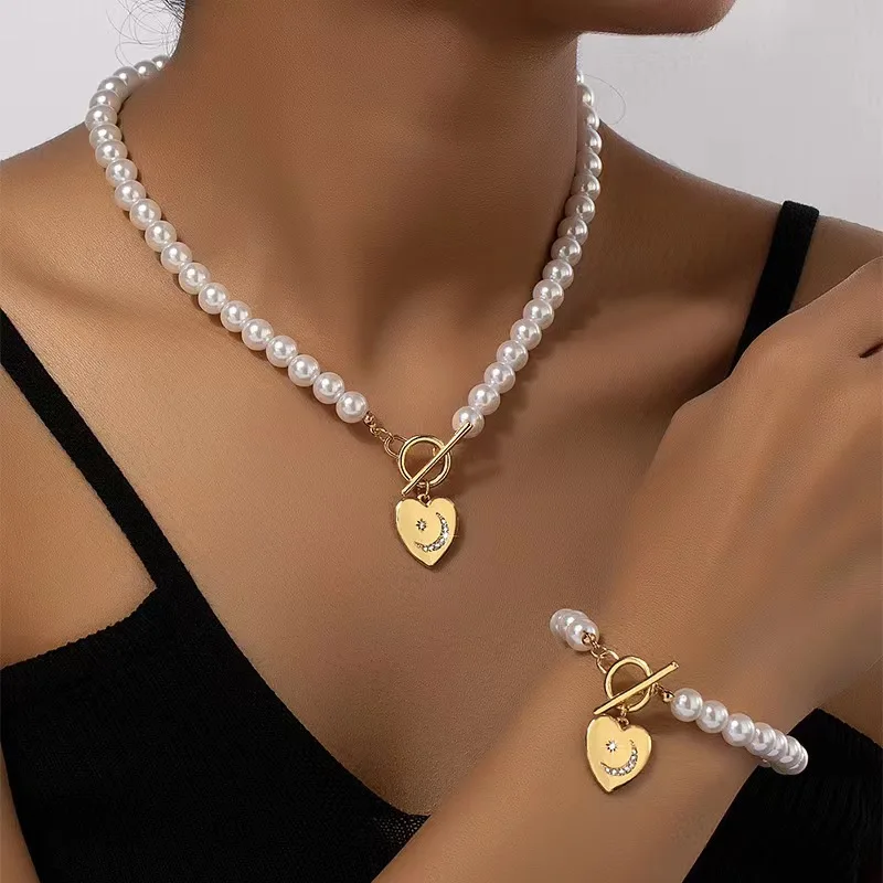 Elegant Simulated-Pearl Heart Necklace Bracelet Jewelry Set for Women Delicate Statement Beads Chain Wedding Party Jewelry Gifts
