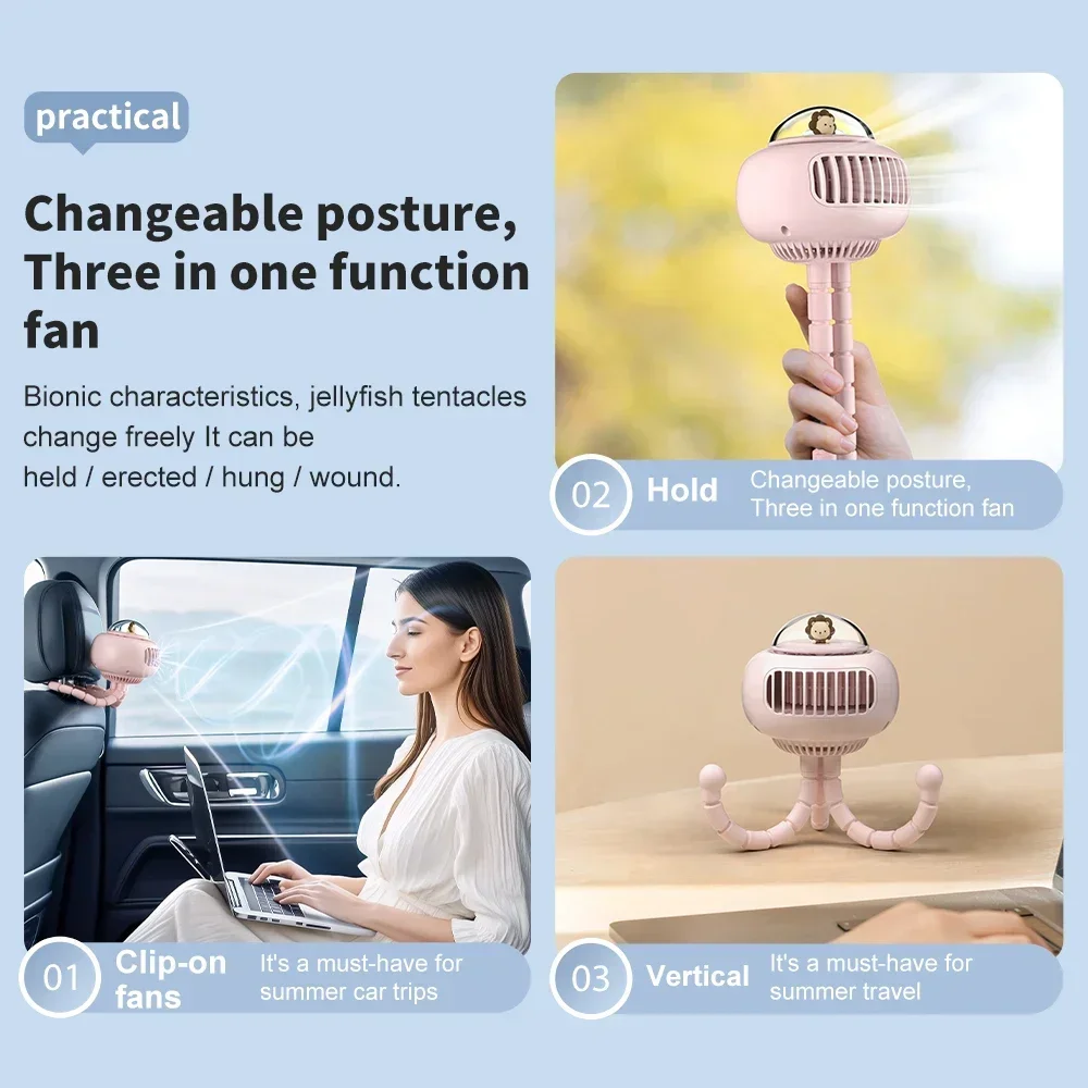 Mini Stroller Fan, Automatic Oscillating Fan, 1200mAh Battery Powered Portable Fan, 3-Speed Flexible Tripod Clip-On Fan for Car