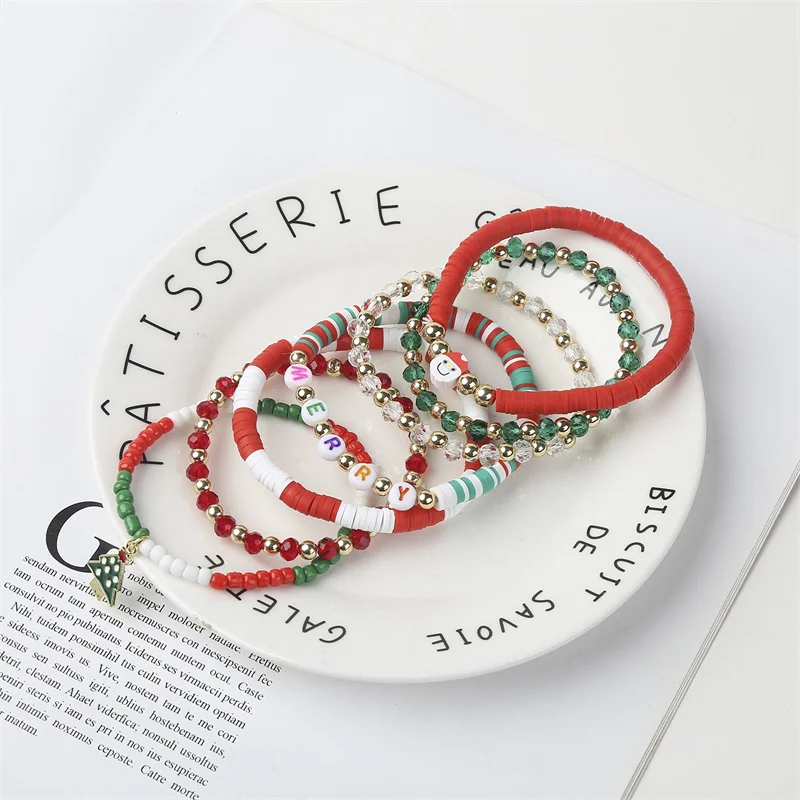 

New Colorful Boho Soft Clay Rice Beaded Bracelet Xmas Tree Tassel Pendant Bracelets for Women New Year Jewelry Christmas Gifts