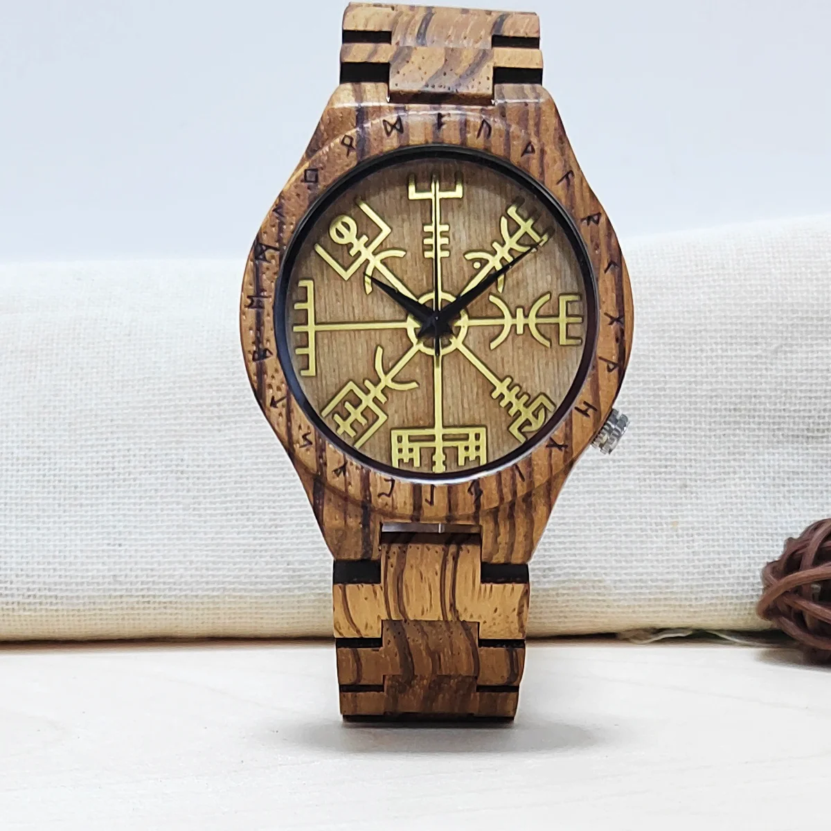 Wooden Wrist Watches Man Viking Symbol Element Clock Personalized Anniversary Gift for Husband Men's Wood Quartz Wristwatches 5