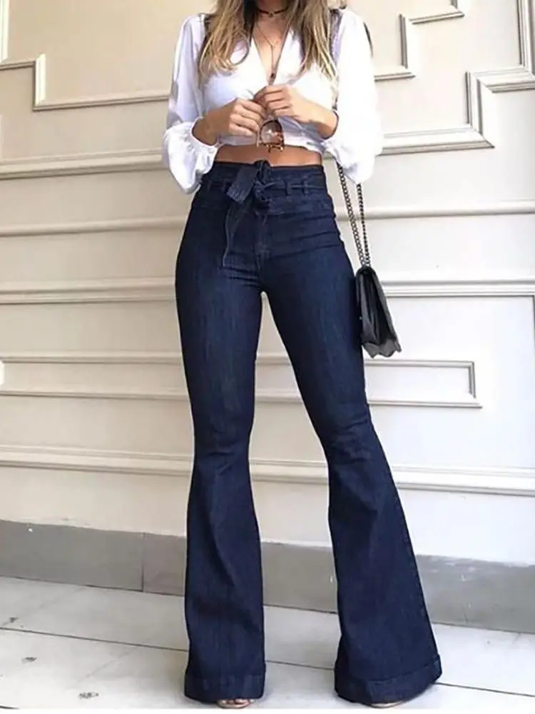 

Lace Up High Waist Wide Leg Women's Jeans 2023 Summer New Slightly Elastic Casual Bell-Bottoms Fashionable Versatile Pants
