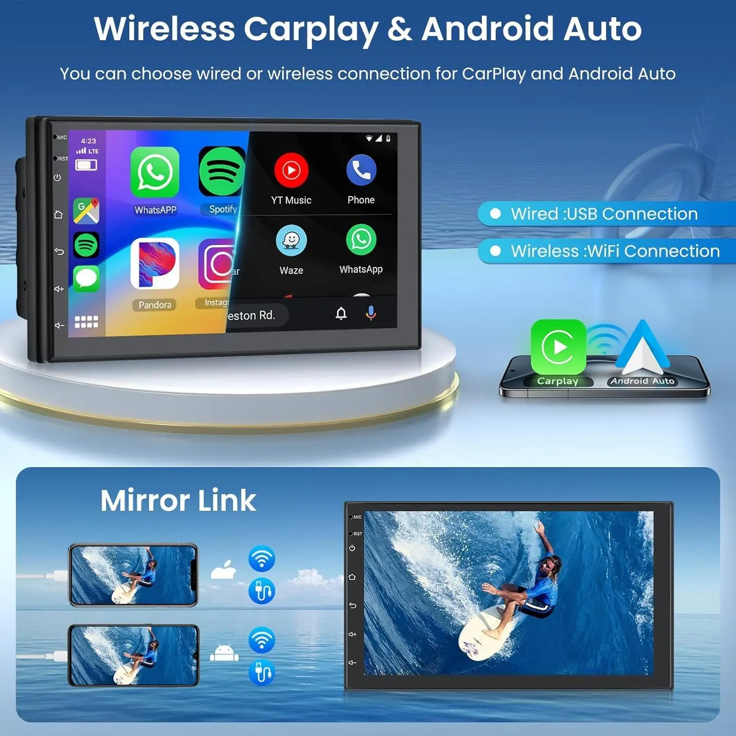 Radio para coche Android 13, reproductor de vídeo multimedia para coche 2 Din Carplay Android Auto, estéreo universal para coche de 7 pulgadas con Wi-Fi y navegación GPS, radio para coche 2