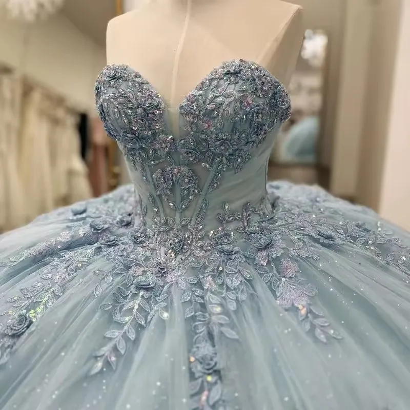 ANGELSBRIDEP Glittering Light Blue Quinceanera Dress With Cape Flower Lace Vestidos De 15 Anos Birthday Party Princess Ball Gown