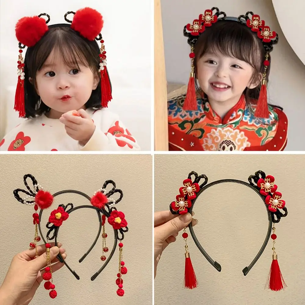 

Tassel Children Wig Headband Sweet Tang Suit Hair Hoop Braid Hair Hanfu Hair Sticks Plush Baby Headwear Red Bow Hairband Baby