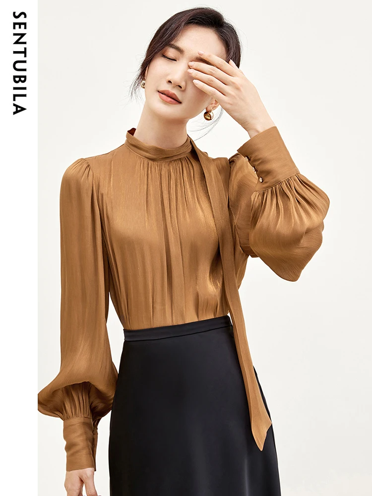 SENTUBILA Pleated Blouse Elegant Bishop Sleeve Pullover Sheen Shirts & Blouses Bow Tie Neck for Women 2023 Autumn Top 133V50503