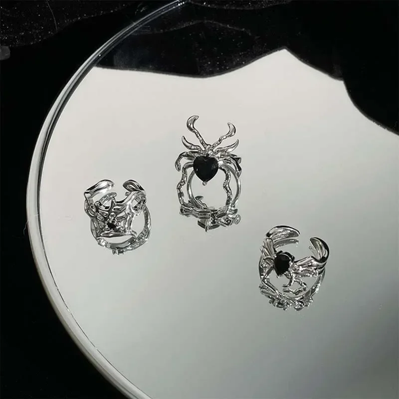 Retro Black Adjustable Spider Ring for Women Men Vintage Irregular Halloween Gothic Opening Finger Rings Женская Бижутерия Тренд