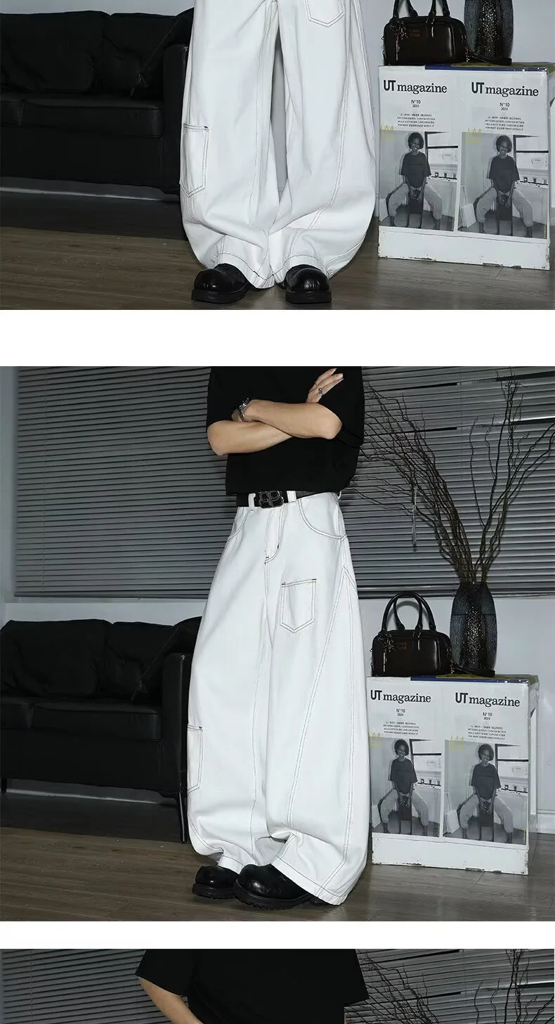 Y2K Men's Jeans White High-Waisted Wide-Leg Denim Pants Retro Baggy Style Fashion Loose Fit Casual Denim Trousers Streetwear