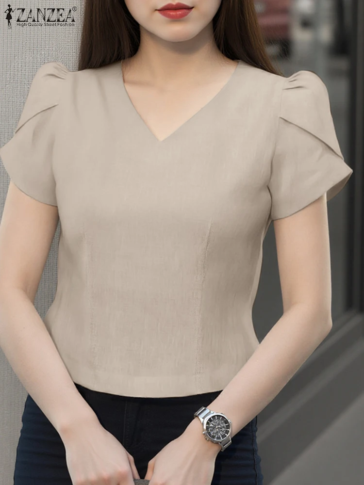 Women Summer Short Sleeve Blouse Casual V Neck Solid Color Tops