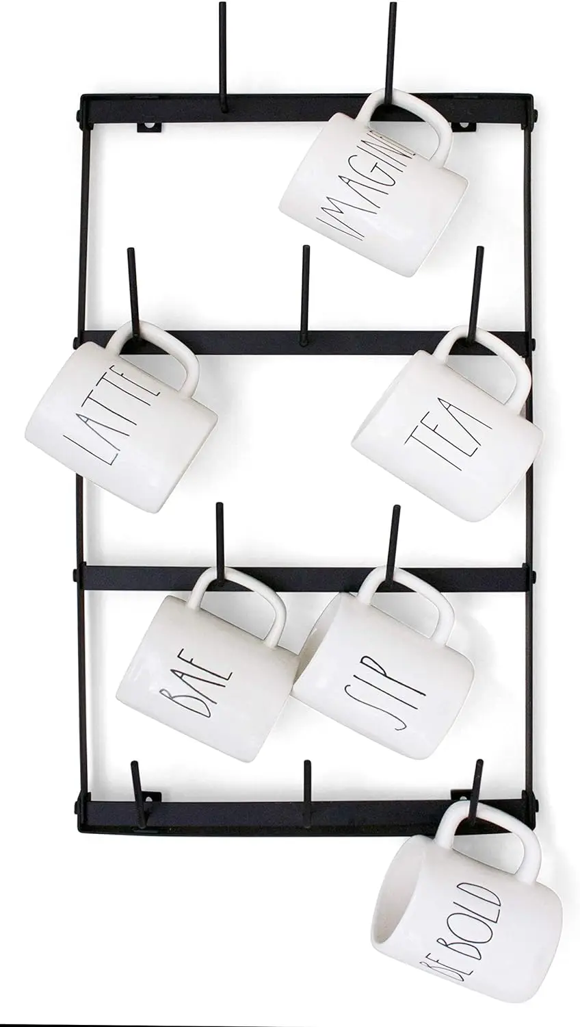 

Coffee Mug - 4 Row Metal Mounted Storage Display Organizer for Coffee Mugs, Tea Cups, Mason Jars, and More. Dachsund Cafe Lebr