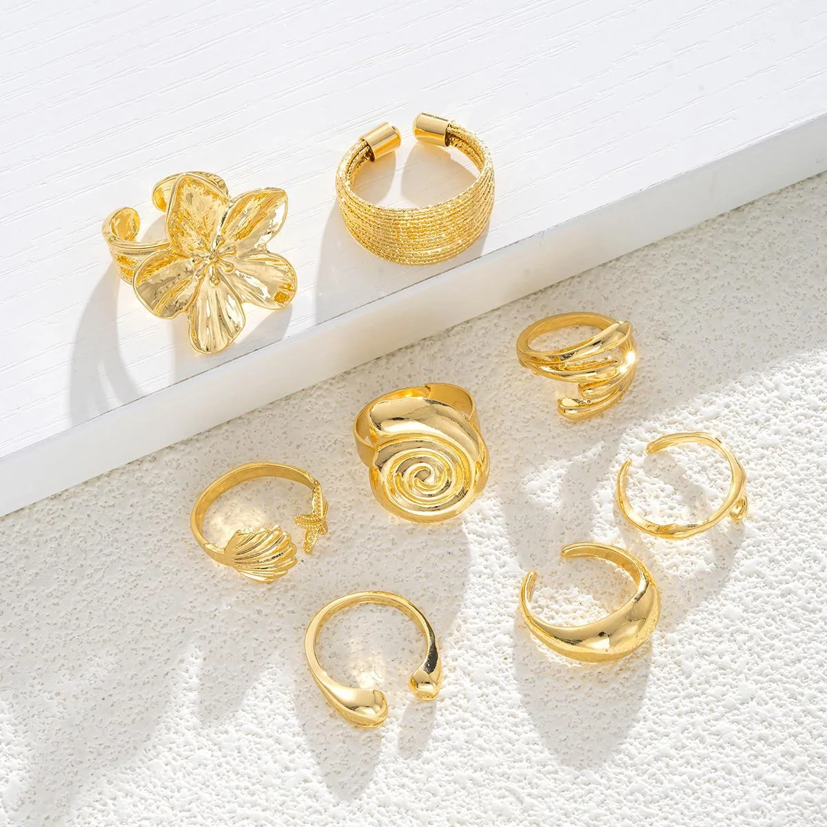 Vintage Smooth Flower Shell Design Ring Set Fashion Elegant Bohemian Starfish Personalized Ring Party Holiday Daily Wear Jewelry